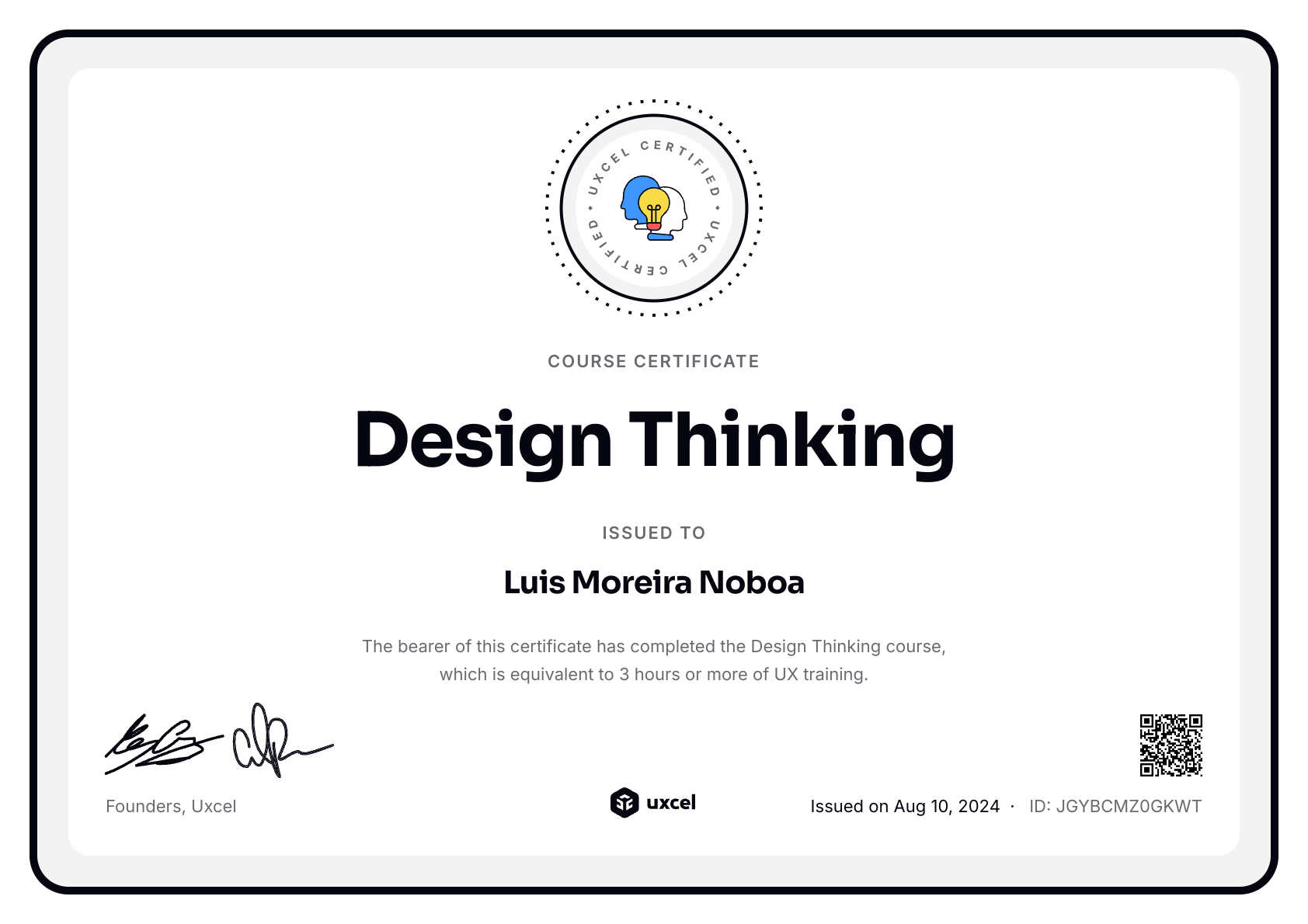 Luis Moreira Noboa's certificate